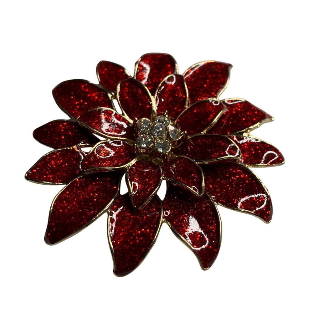 Sparkling Red Poinsettia Flower Brooch Rhinestone Center Gold Tone‎ Christmas